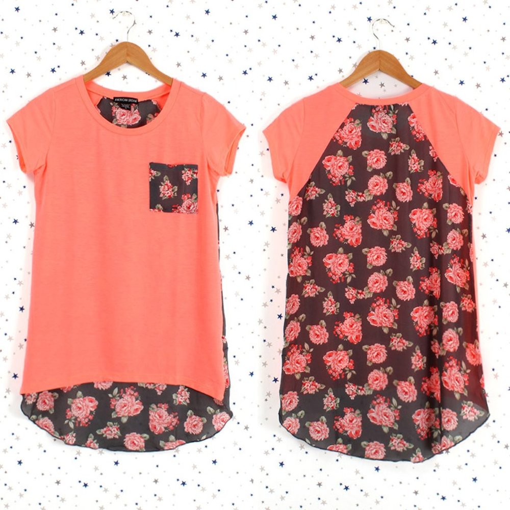 Floral Print Back Top Tee Neon Coral